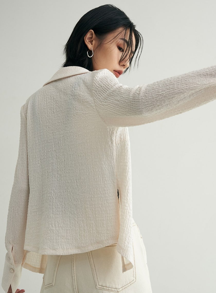 肌理感彈性長袖襯衫上衣